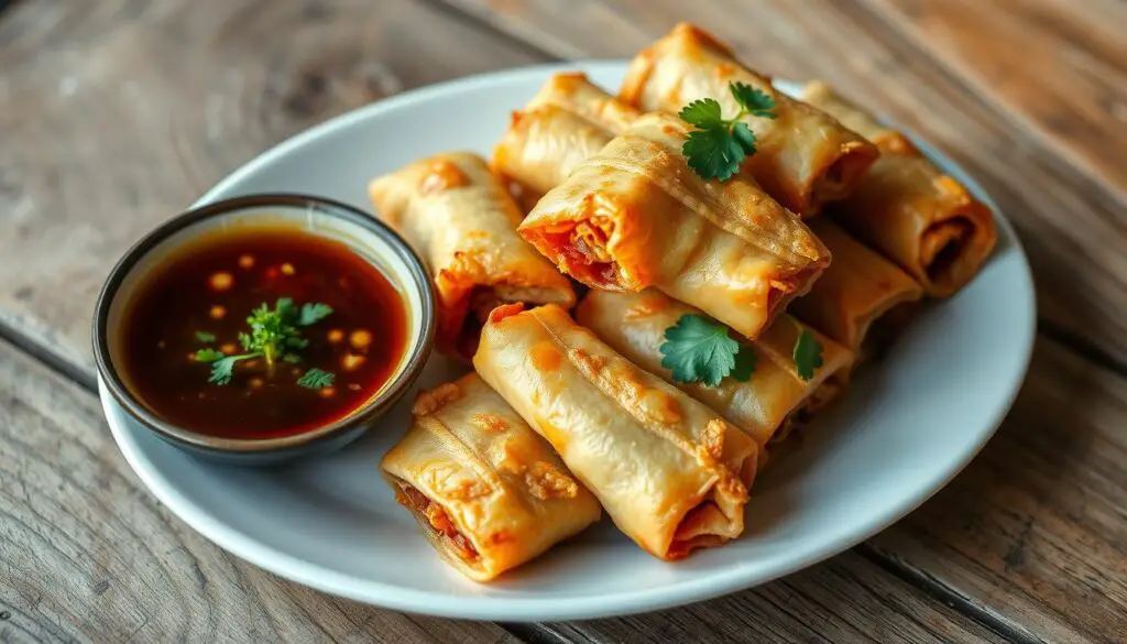 Crispy Chicken Spring Rolls with Garlic Soy Dipping Sauce