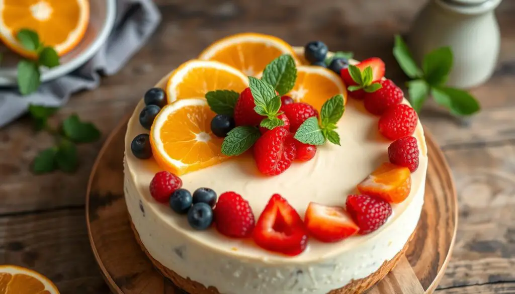 Fresh fruit garnish on cheesecake